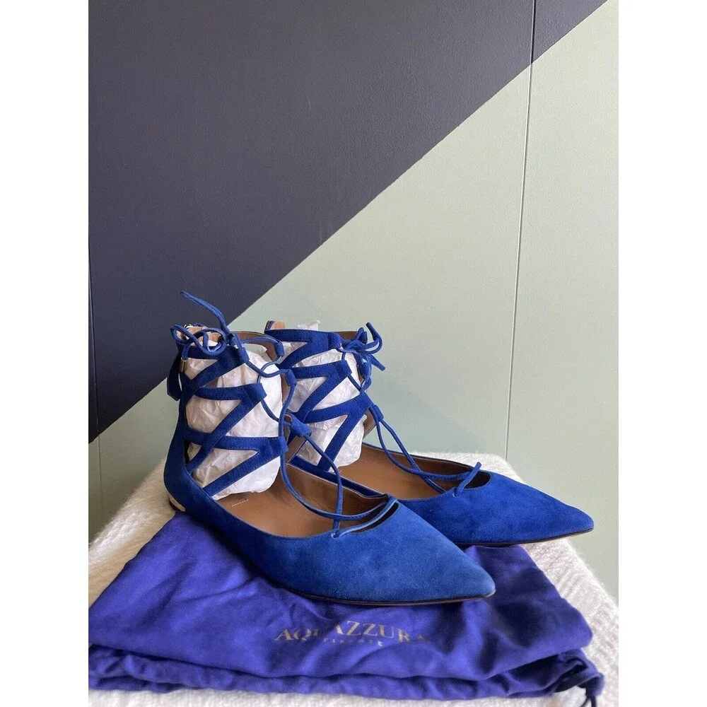 Aquazzura Cobalt Blue Suede Belgravia Pointed Toe Lace-Up Flats, Size 37, EUC
